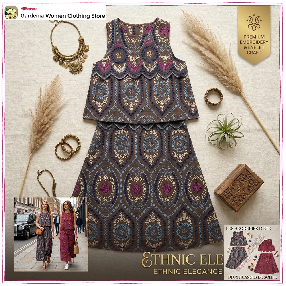 Gorgeous Ethnic Dress Sets for Women Hollow Out 2 Piece Sets Embroidered Eyelet Sleeveless Tops and Midi Skirts with A-line Hem
Gorgeous Ethnic Dress Sets for Women Hollow Out 2 Piece Sets Embroidered Eyelet Sleeveless Tops and Midi Skirts with A-line Hem