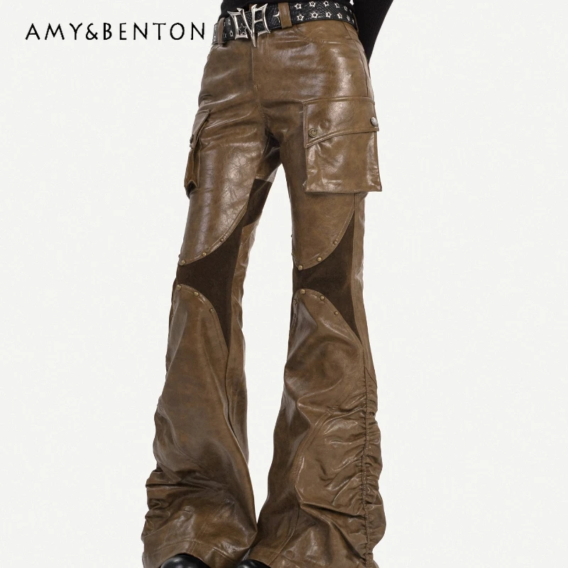 European American Retro PU Leather Women's Long Pants Autumn Sweet Cool Hot Girl Coffee Color Splicing Flared Overalls Ladies
European American Retro PU Leather Women's Long Pants Autumn Sweet Cool Hot Girl Coffee Color Splicing Flared Overalls Ladies