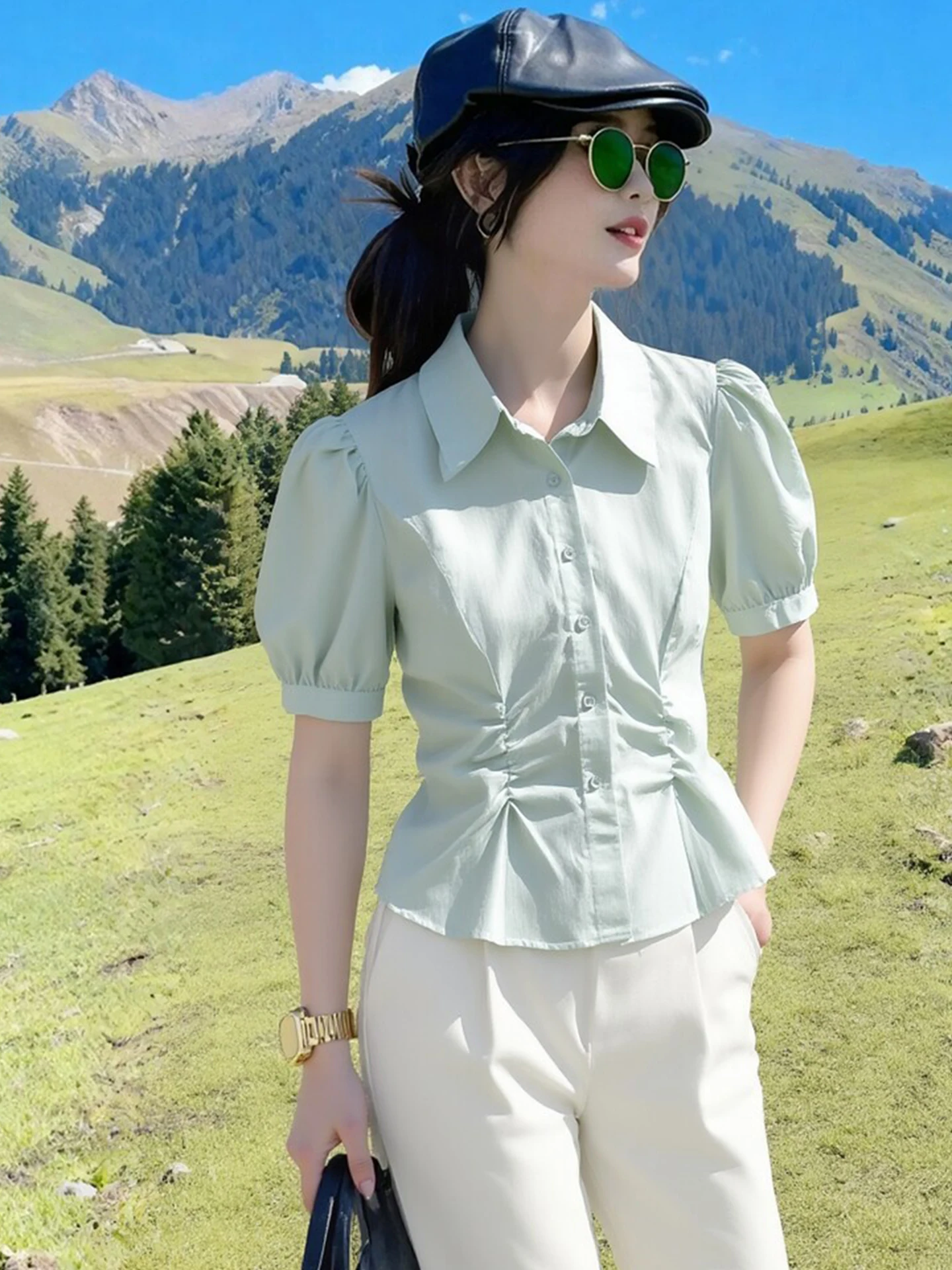 Slimming Bubble Sleeve Neck Shirt Women's Fashionable Summer Top Elegant Style Waist-Cinching Design Short Sleeve
Slimming Bubble Sleeve Neck Shirt Women's Fashionable Summer Top Elegant Style Waist-Cinching Design Short Sleeve