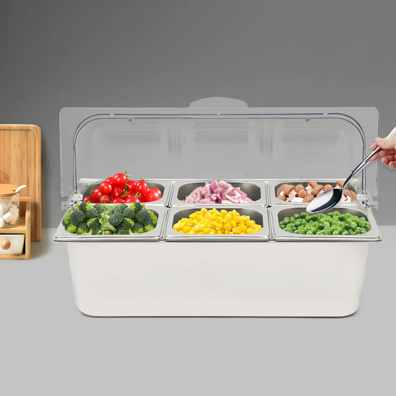 Fruit Seafood Buffet Tray 21*13*13 Inch Ice Food Serving Display Tray Stainless Steel with Roll Top Cover
Fruit Seafood Buffet Tray 21*13*13 Inch Ice Food Serving Display Tray Stainless Steel with Roll Top Cover