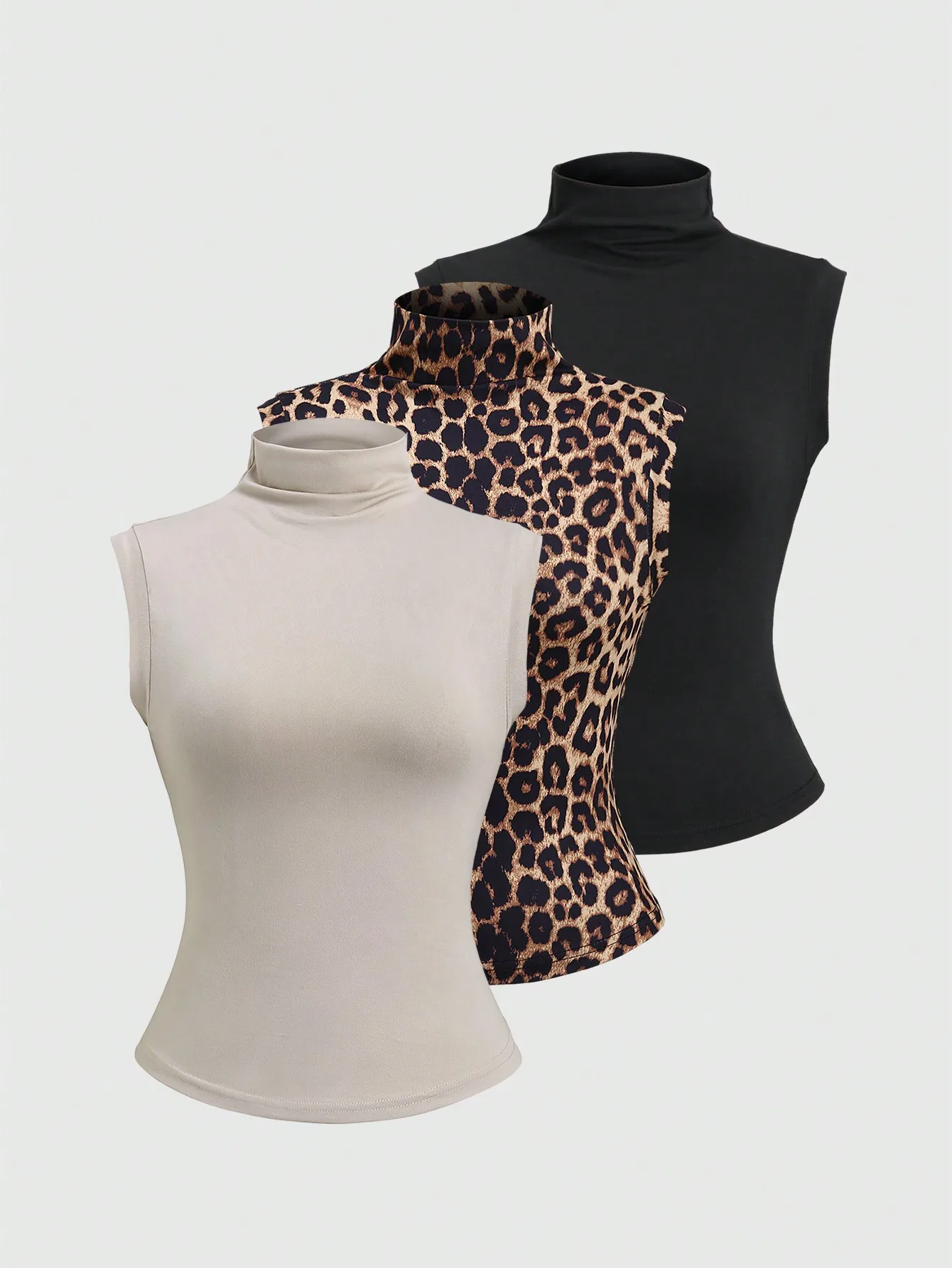 Женский топ без рукавов с высоким воротом — однотонный и с леопардовым принтом, приталенный, для лета
Женский топ без рукавов с высоким воротом — однотонный и с леопардовым принтом, приталенный, для лета