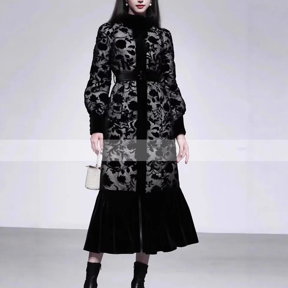 Winter new women's lace embroidery flower black jacket stand collar lantern sleeve fish tail ruffle velvet down jacket long coat
Winter new women's lace embroidery flower black jacket stand collar lantern sleeve fish tail ruffle velvet down jacket long coat