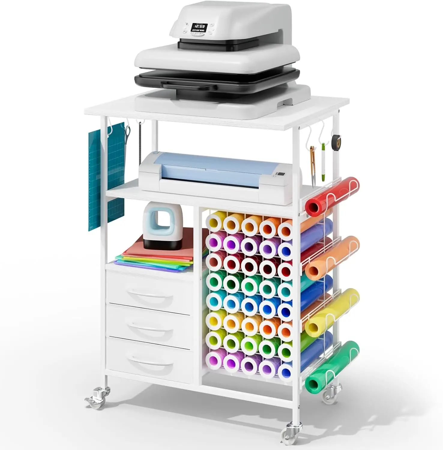 Movable Heat Press Table - 6-Tier Heat Press Stand with Drawers and Vinyl Roll Holder, Craft Cabinet Table Compatible for Cricut
Movable Heat Press Table - 6-Tier Heat Press Stand with Drawers and Vinyl Roll Holder, Craft Cabinet Table Compatible for Cricut