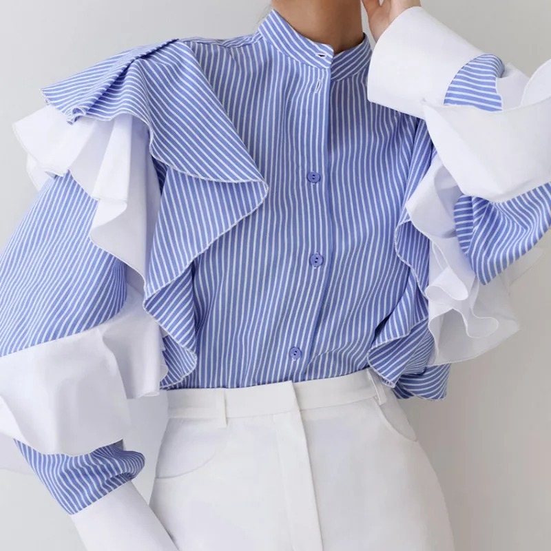Women Elegant Autumn Long Sleeve Stand Collar Single Breasted T-shirt Y2K INS Clothes Streetwear Stripe Ruffle Blouse Shirt Top
Women Elegant Autumn Long Sleeve Stand Collar Single Breasted T-shirt Y2K INS Clothes Streetwear Stripe Ruffle Blouse Shirt Top