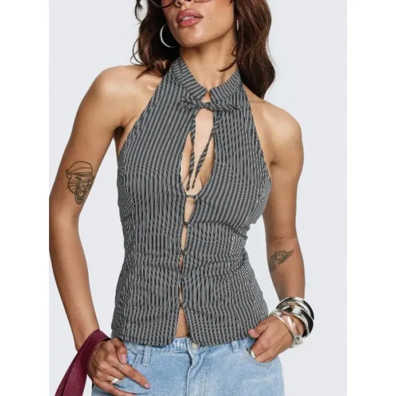 BKQU Striped Lace Up Hollow Y2K Halter Vest Women Sexy Slim Sleeveless Backless Summer Tank Top Chic Retro 2026 Streetwear
BKQU Striped Lace Up Hollow Y2K Halter Vest Women Sexy Slim Sleeveless Backless Summer Tank Top Chic Retro 2026 Streetwear