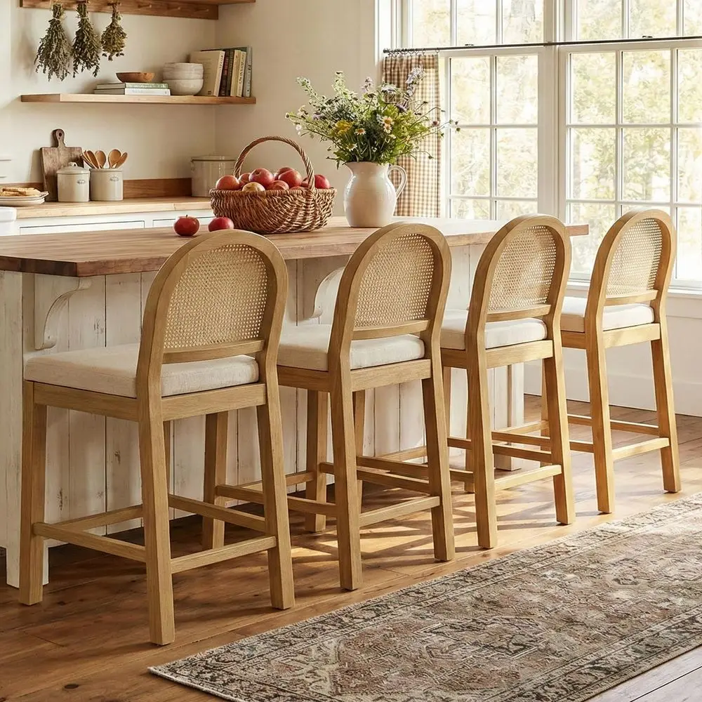Upholstered Rattan Bar Stools Set of 4, Wooden Counter Height Stools with Natural Rattan Woven Back and Chenille Seat, MidCentu
Upholstered Rattan Bar Stools Set of 4, Wooden Counter Height Stools with Natural Rattan Woven Back and Chenille Seat, MidCentu