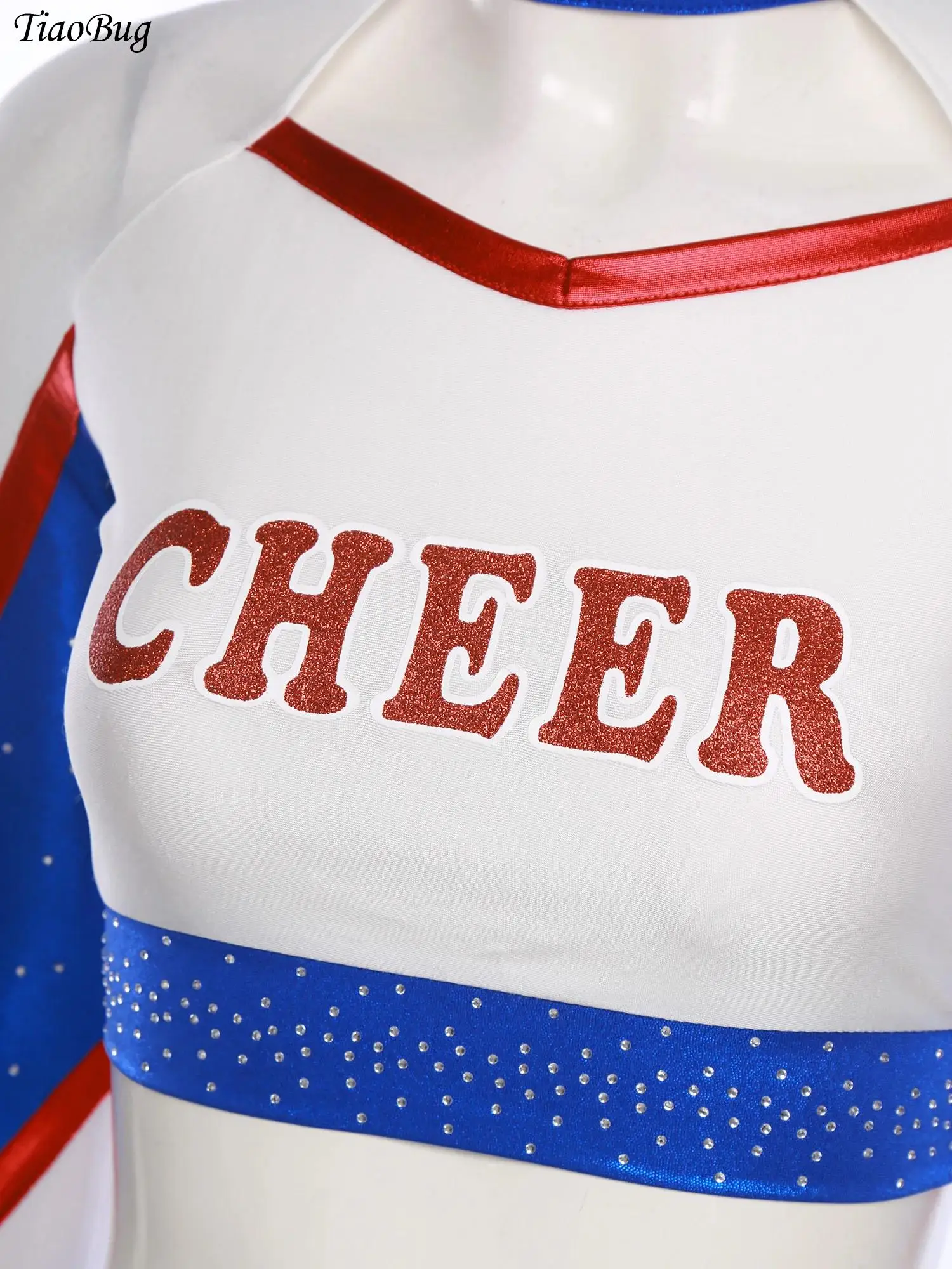 2Pcs Women Cheerleading Dance Uniform Metallic Shiny Contrast Color Hollow Out Long Sleeve Crop Top + A-line Miniskirt Outfits
2Pcs Women Cheerleading Dance Uniform Metallic Shiny Contrast Color Hollow Out Long Sleeve Crop Top + A-line Miniskirt Outfits