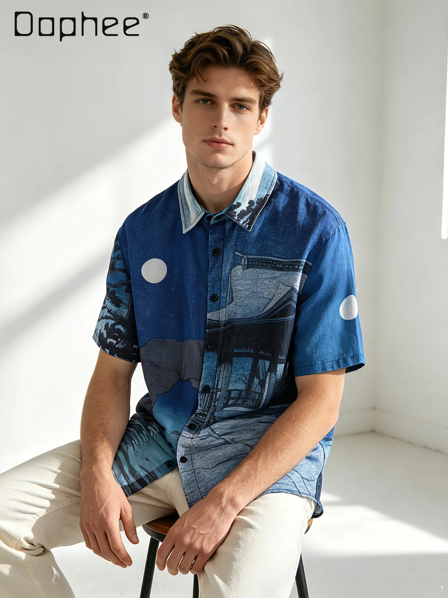 Summer Men Japanese Ukiyo-e Moon Landscape Building Print Short Sleeve Shirt Vintage Blue Loose Casual Lapel Blouse
Summer Men Japanese Ukiyo-e Moon Landscape Building Print Short Sleeve Shirt Vintage Blue Loose Casual Lapel Blouse