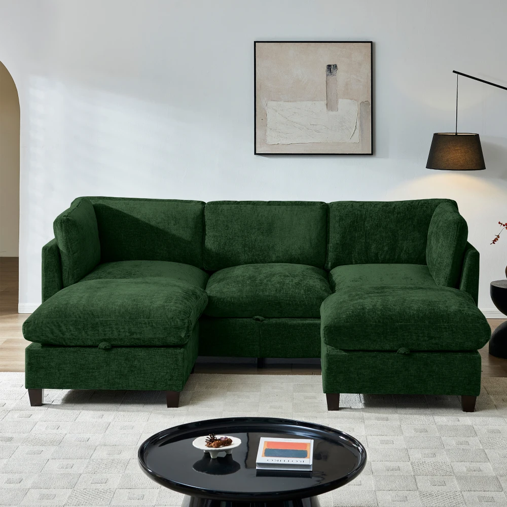 96.5" U-Shape Chenille Sectional Sofa: 3-Seater, Storage, 2 Ottomans, Green for Living Room
96.5" U-Shape Chenille Sectional Sofa: 3-Seater, Storage, 2 Ottomans, Green for Living Room