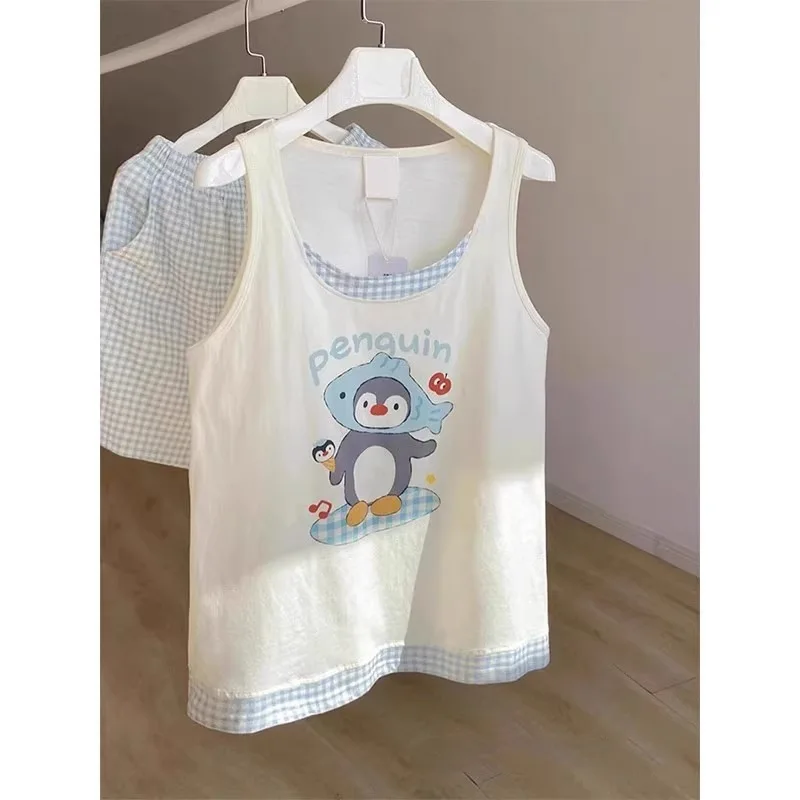 Summer New Women's Cute Cartoon Printing Undershirt Pajamas Girls Student Models Plaid Shorts Pajamas Homewear Set Plus Size
Summer New Women's Cute Cartoon Printing Undershirt Pajamas Girls Student Models Plaid Shorts Pajamas Homewear Set Plus Size