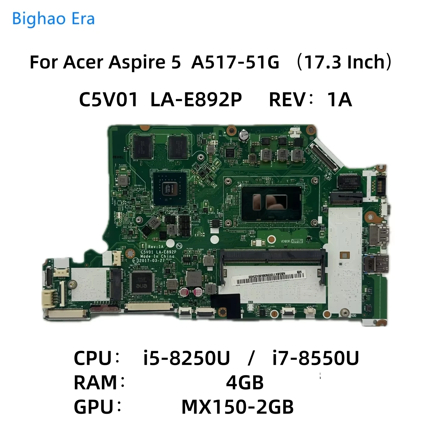 Материнская плата для ноутбука Acer Aspire A517-51G с процессором i5-8250 i7-8550U 4G-RAM MX150 2G-GPU C5V01 LA-E892P NB.GSX11.001 NBGSX11002
Материнская плата для ноутбука Acer Aspire A517-51G с процессором i5-8250 i7-8550U 4G-RAM MX150 2G-GPU C5V01 LA-E892P NB.GSX11.001 NBGSX11002