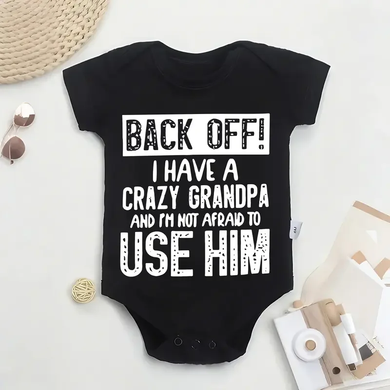 Cute Cotton Baby Bodysuit with "Back Off! I Have A Crazy Grandpa" Print Short Sleeve Baby Girl Boy Jumpsuit Kids Cotton Clothes
Cute Cotton Baby Bodysuit with "Back Off! I Have A Crazy Grandpa" Print Short Sleeve Baby Girl Boy Jumpsuit Kids Cotton Clothes