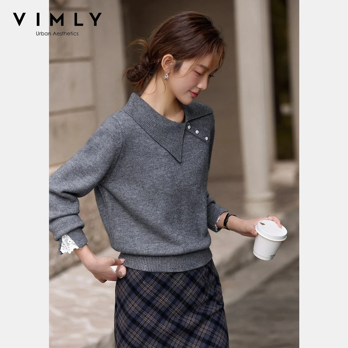 VIMLY Sweet Women's Sweater 2025 Winter Grey Cuff Splicing Lace Knitted Pullovers Turn Down Collar Soft Office Lady Tops 75290
VIMLY Sweet Women's Sweater 2025 Winter Grey Cuff Splicing Lace Knitted Pullovers Turn Down Collar Soft Office Lady Tops 75290