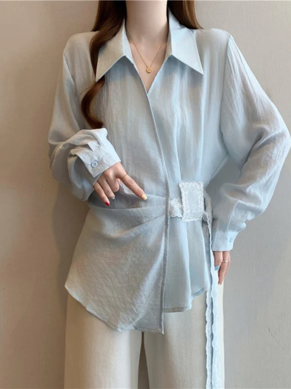 Light Blue V-Neck Shirt Women's plus Size Beautiful Lace Waist-Cinching Top Korean Style Commute Wind Loose Fit Long Sleeve
Light Blue V-Neck Shirt Women's plus Size Beautiful Lace Waist-Cinching Top Korean Style Commute Wind Loose Fit Long Sleeve