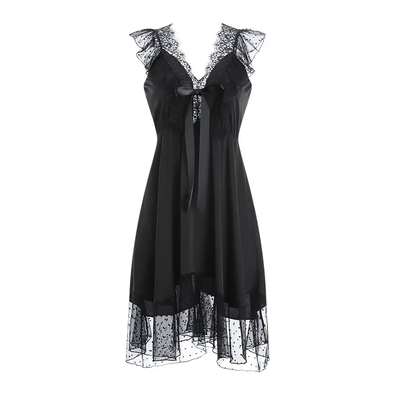 2025 new European and American French solid color fashion mesh bow halter sexy satin deep V nightdress home set
2025 new European and American French solid color fashion mesh bow halter sexy satin deep V nightdress home set