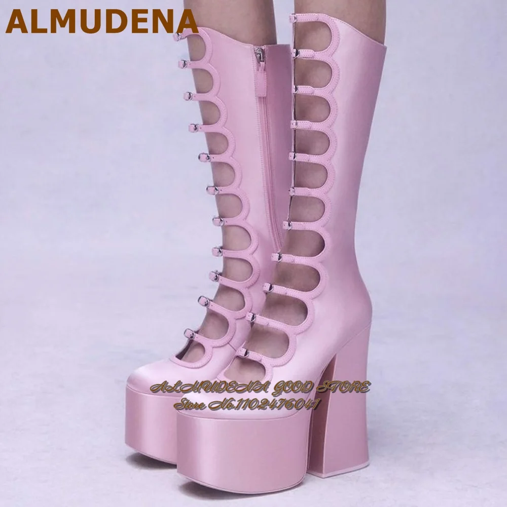 ALMUDENA Pink Satin Sky High Chunky Heel Knee High Boots Platform Buckle Straps Sandal Boots Zipped Belt Decorated Dress Shoes
ALMUDENA Pink Satin Sky High Chunky Heel Knee High Boots Platform Buckle Straps Sandal Boots Zipped Belt Decorated Dress Shoes