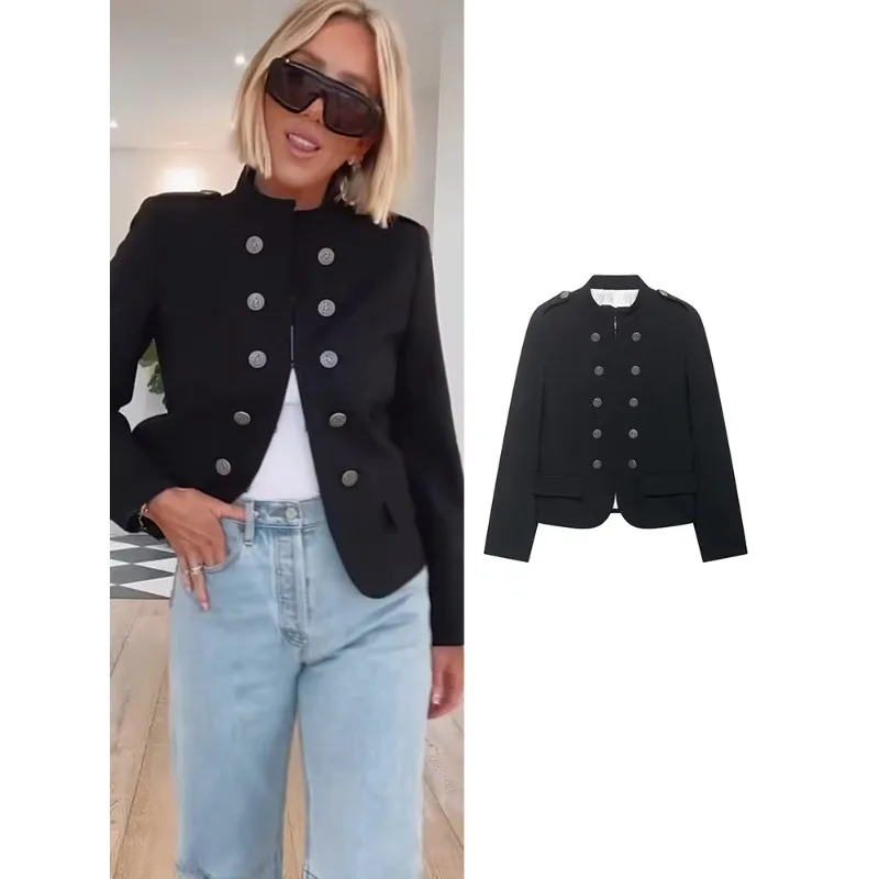 Black Double-Breasted Cropped Blazer Stand Collar Shoulder Epaulets Slim Fit Vintage Commuter Jacket Spring Outerwear
Black Double-Breasted Cropped Blazer Stand Collar Shoulder Epaulets Slim Fit Vintage Commuter Jacket Spring Outerwear