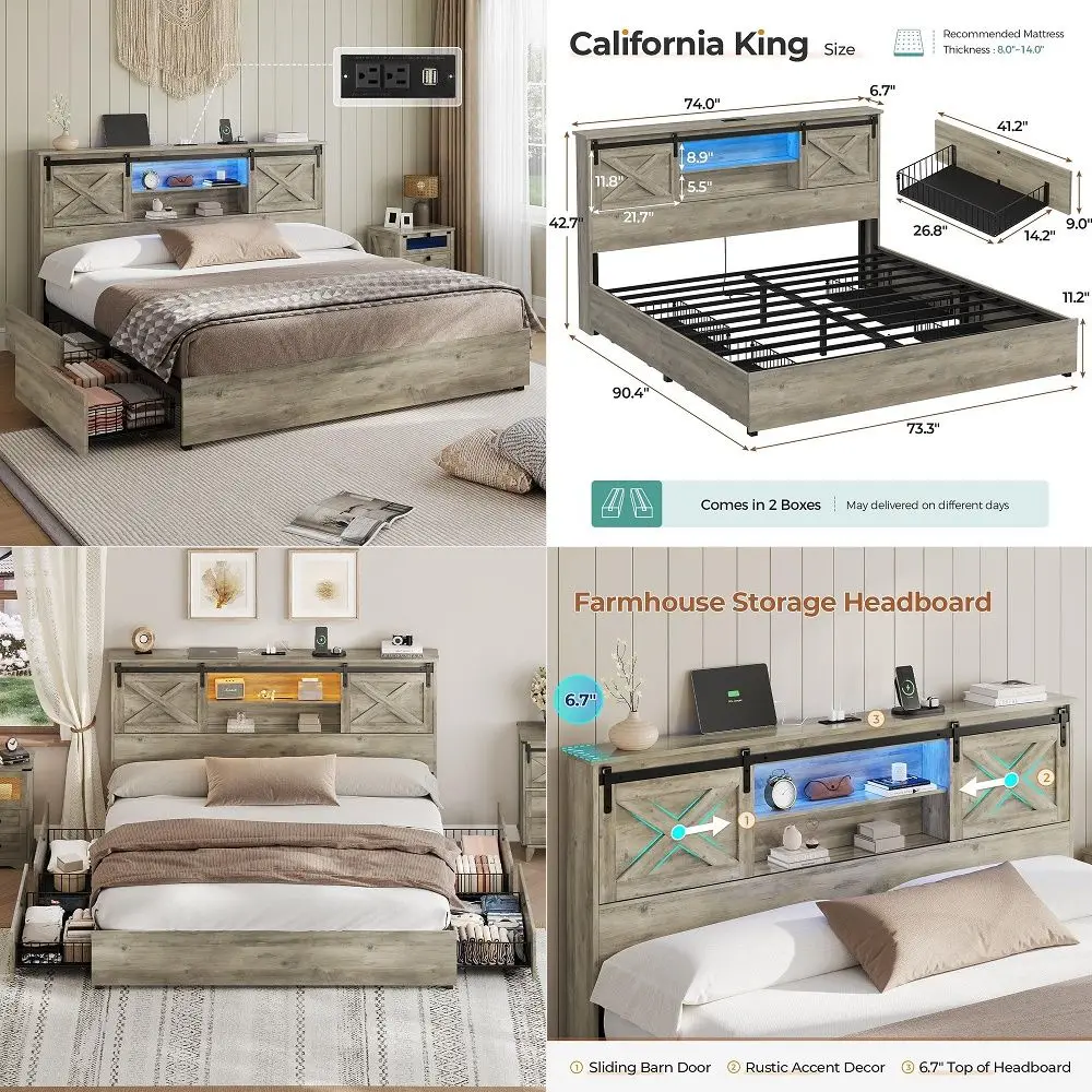 Farmhouse Bed Frame California King Size with 4 Storage Drawers, Wooden Platform Cal King Beds with Charging Station and LED Li
Farmhouse Bed Frame California King Size with 4 Storage Drawers, Wooden Platform Cal King Beds with Charging Station and LED Li