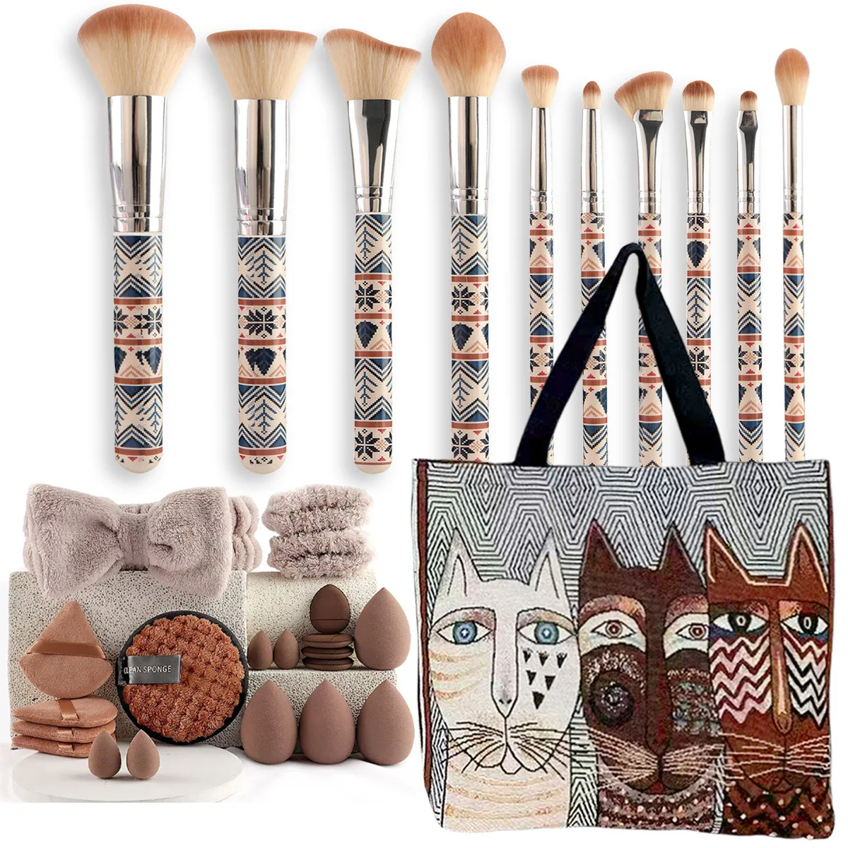 Cute Cat Print Travel Bag with 30 Pcs Makeup Brush Set Boho Patterned Brushes Sponges Headband Aesthetic Gift for Cat Lovers
Cute Cat Print Travel Bag with 30 Pcs Makeup Brush Set Boho Patterned Brushes Sponges Headband Aesthetic Gift for Cat Lovers