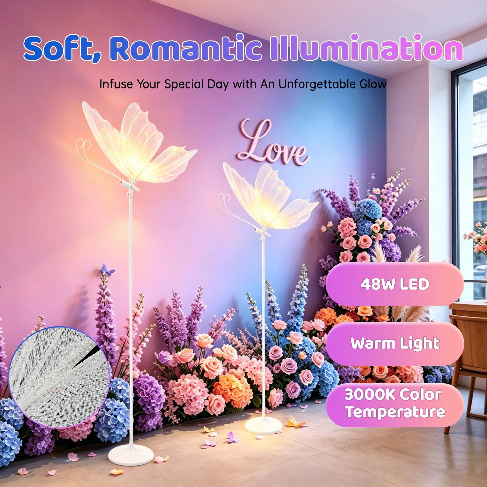 2PCS Wedding Butterfly LED Floor Lamp, 110V LED Standing Lamp Butterfly Lights, for Wedding Stages, T-stage Street Guidance Decorative Lights, Wedding Halls, Hotel/ Window Layouts (23.6")
2PCS Wedding Butterfly LED Floor Lamp, 110V LED Standing Lamp Butterfly Lights, for Wedding Stages, T-stage Street Guidance Decorative Lights, Wedding Halls, Hotel/ Window Layouts (23.6")