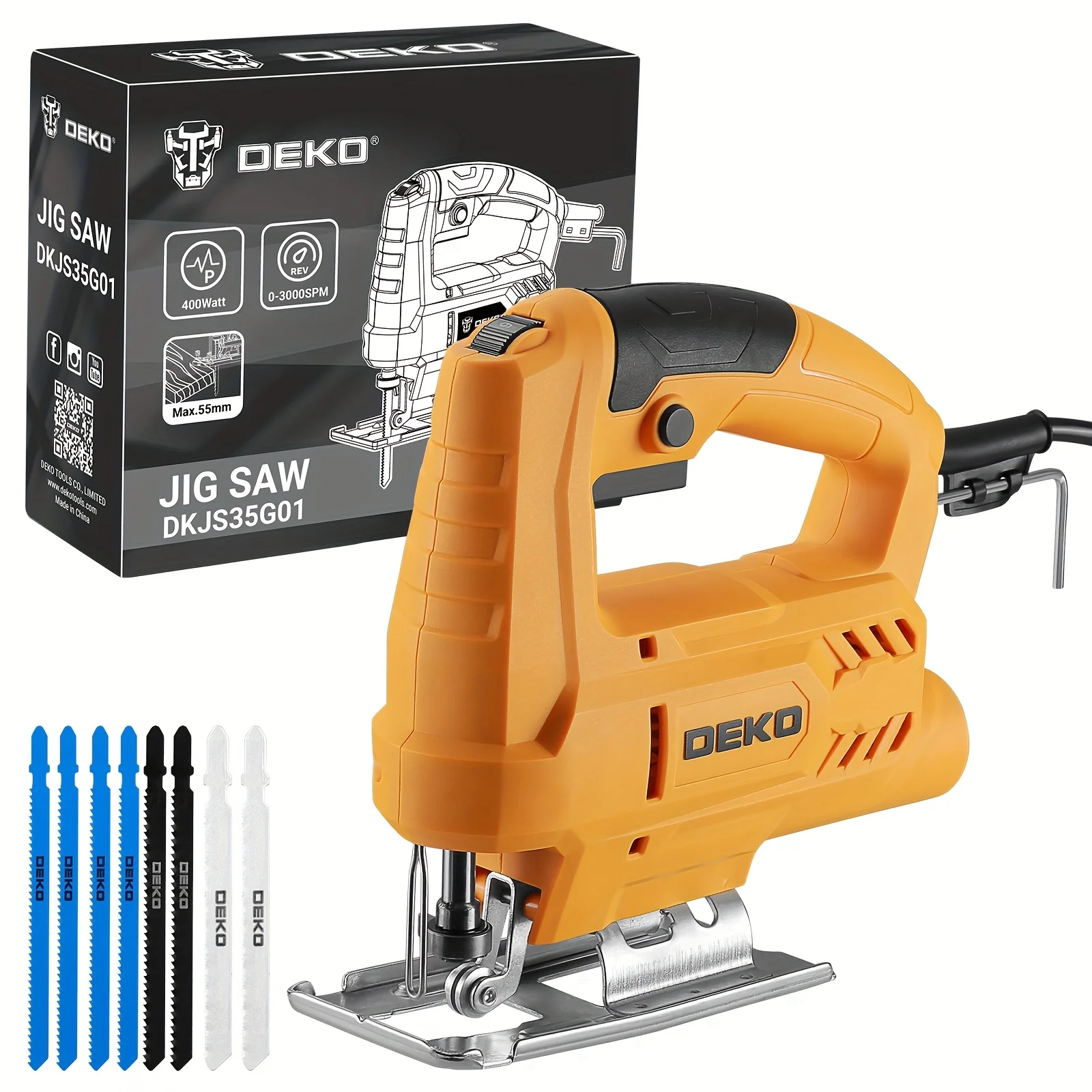 DEKO 3.5A/400W Electric Corded Jig Saw | With 6pcs Wood Saw Blade And 2pcs Metal Saw Blade | 3000RPM | Bevel Cutting -45° To 45 | Curved Saw For Woodworking | | Metal Pipes | PVC And Smooth Finishing | Metal Cutting Saw | Easter Gift
DEKO 3.5A/400W Electric Corded Jig Saw | With 6pcs Wood Saw Blade And 2pcs Metal Saw Blade | 3000RPM | Bevel Cutting -45° To 45 | Curved Saw For Woodworking | | Metal Pipes | PVC And Smooth Finishing | Metal Cutting Saw | Easter Gift