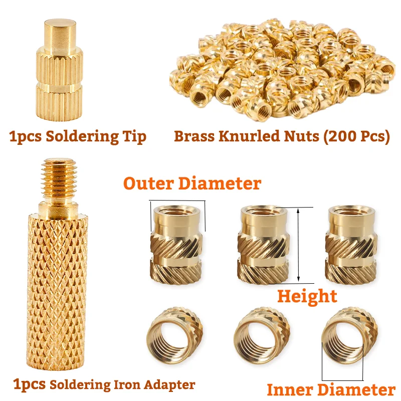 202Pcs Threaded Inserts Set with Soldering Tip & Adapter M2 M3 M4 Knurled Nut Brass Heat Set Inserts for Plastic and 3D Printing
202Pcs Threaded Inserts Set with Soldering Tip & Adapter M2 M3 M4 Knurled Nut Brass Heat Set Inserts for Plastic and 3D Printing