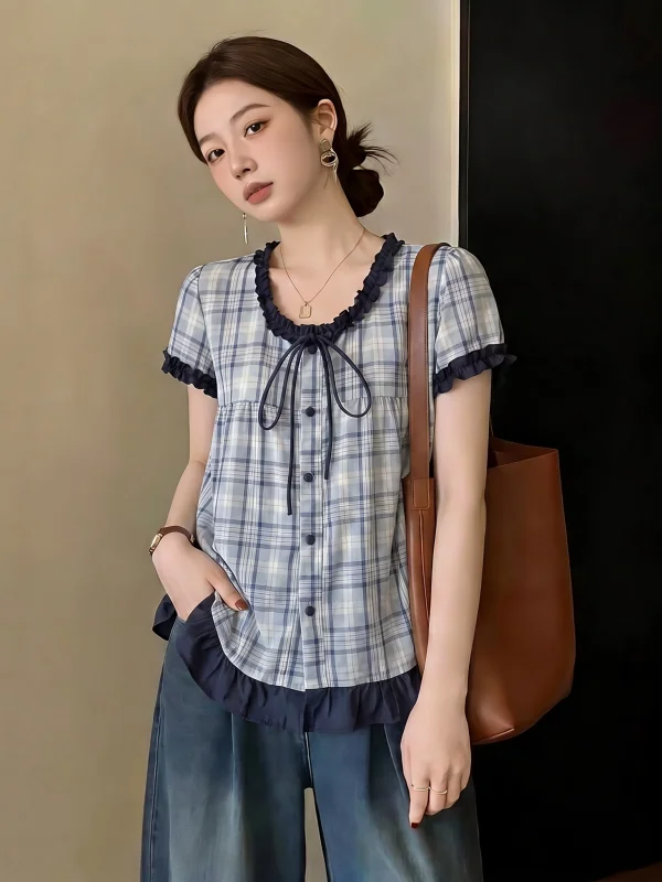 Blue Plaid V-Neck Shirt Women's plus Size Doll Shirt Korean Style Commute Wind Loose Fit Short Sleeve Button up Top
Blue Plaid V-Neck Shirt Women's plus Size Doll Shirt Korean Style Commute Wind Loose Fit Short Sleeve Button up Top