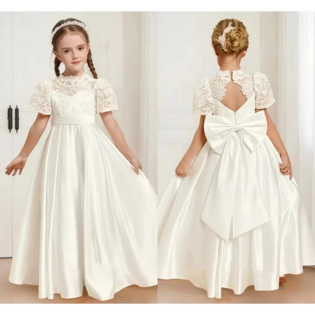 Ivory Satin Lace Flower Girl Dresses For Wedding High Neck Puff Short Sleeves Kids Toddler Formal Occasion Party Gown Customized
Ivory Satin Lace Flower Girl Dresses For Wedding High Neck Puff Short Sleeves Kids Toddler Formal Occasion Party Gown Customized