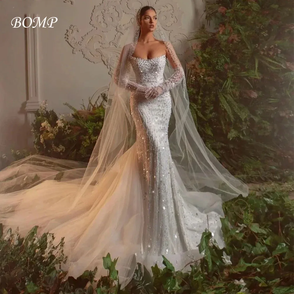 BOMP Exquisite Wedding Dress Beading Sequined Strapless Mermaid Sweep Train Veil Bridal Gown Customized Luxury robe de mariée
BOMP Exquisite Wedding Dress Beading Sequined Strapless Mermaid Sweep Train Veil Bridal Gown Customized Luxury robe de mariée