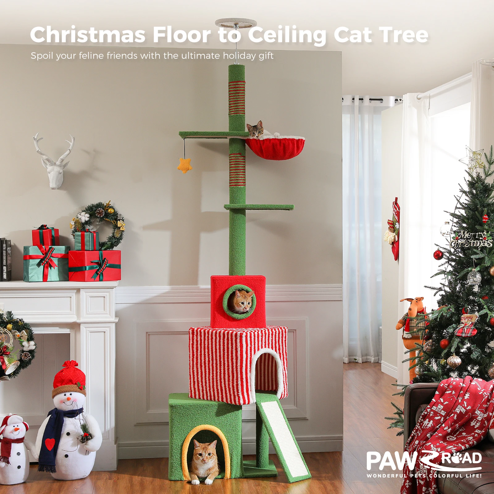 Adjustable Height Christmas Cat Tree with 3 Large Condos Cozy Hammock Thick Scratching Posts Floor to Ceiling Cat Tower Cat Toys
Adjustable Height Christmas Cat Tree with 3 Large Condos Cozy Hammock Thick Scratching Posts Floor to Ceiling Cat Tower Cat Toys