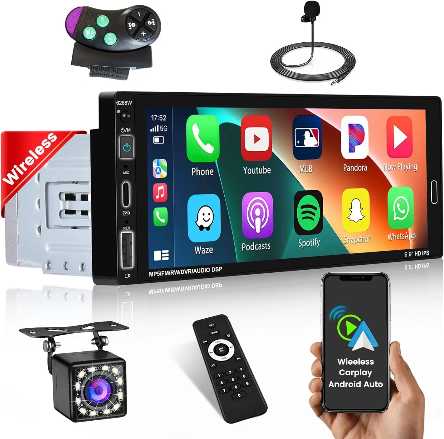 6.9' Car Stereo with Wireless CarPlay, Android Auto, Bluetooth 5.0, HD Touch Screen, FM Radio, Backup Camera, Type-C/USB/AUX
6.9' Car Stereo with Wireless CarPlay, Android Auto, Bluetooth 5.0, HD Touch Screen, FM Radio, Backup Camera, Type-C/USB/AUX