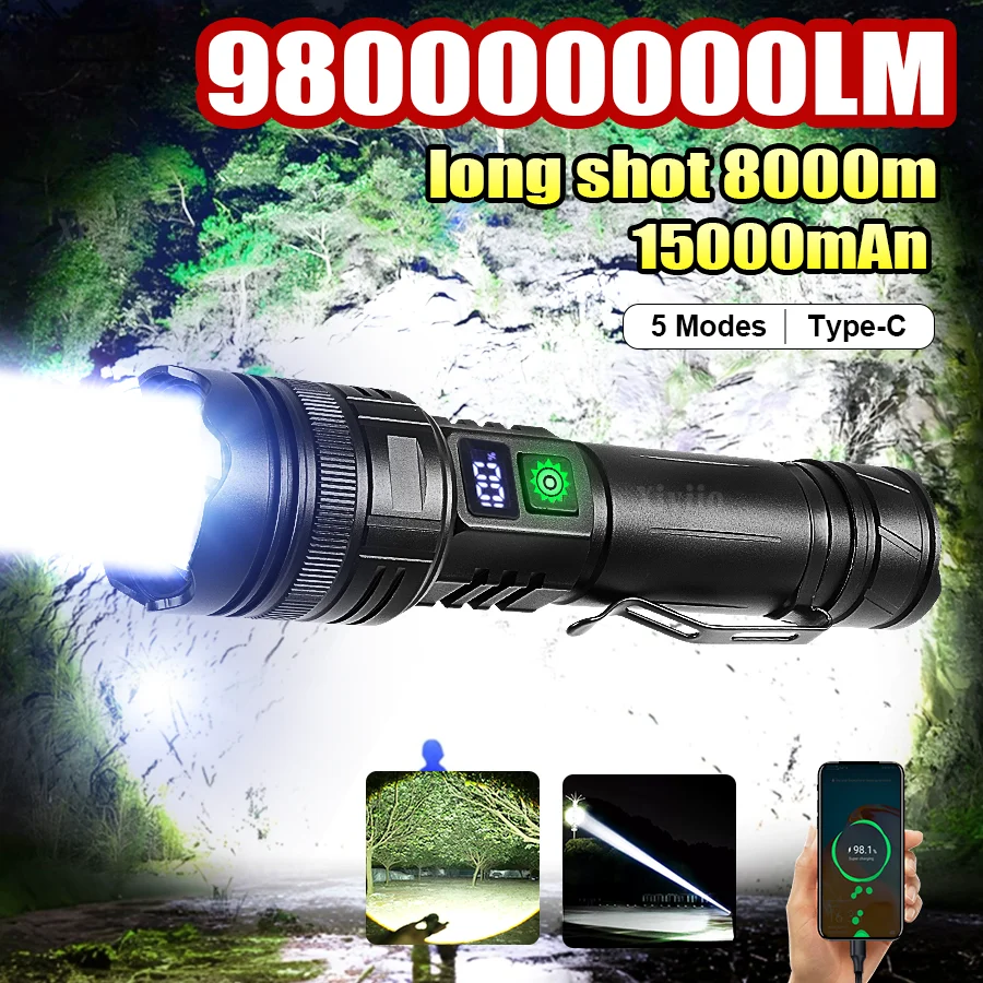 980000000LM Ultra Powerful Flashlights Rechargeable LED Tactical Torch Super Bright Lamp Outdoor Adventure Fishing Camping
980000000LM Ultra Powerful Flashlights Rechargeable LED Tactical Torch Super Bright Lamp Outdoor Adventure Fishing Camping