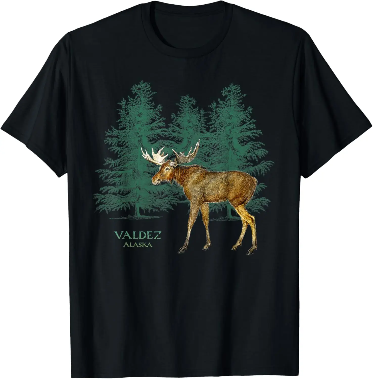Valdez Alaska Moose Lovers Trees Vintage-Look Souvenir T-Shirt 
Valdez Alaska Moose Lovers Trees Vintage-Look Souvenir T-Shirt
