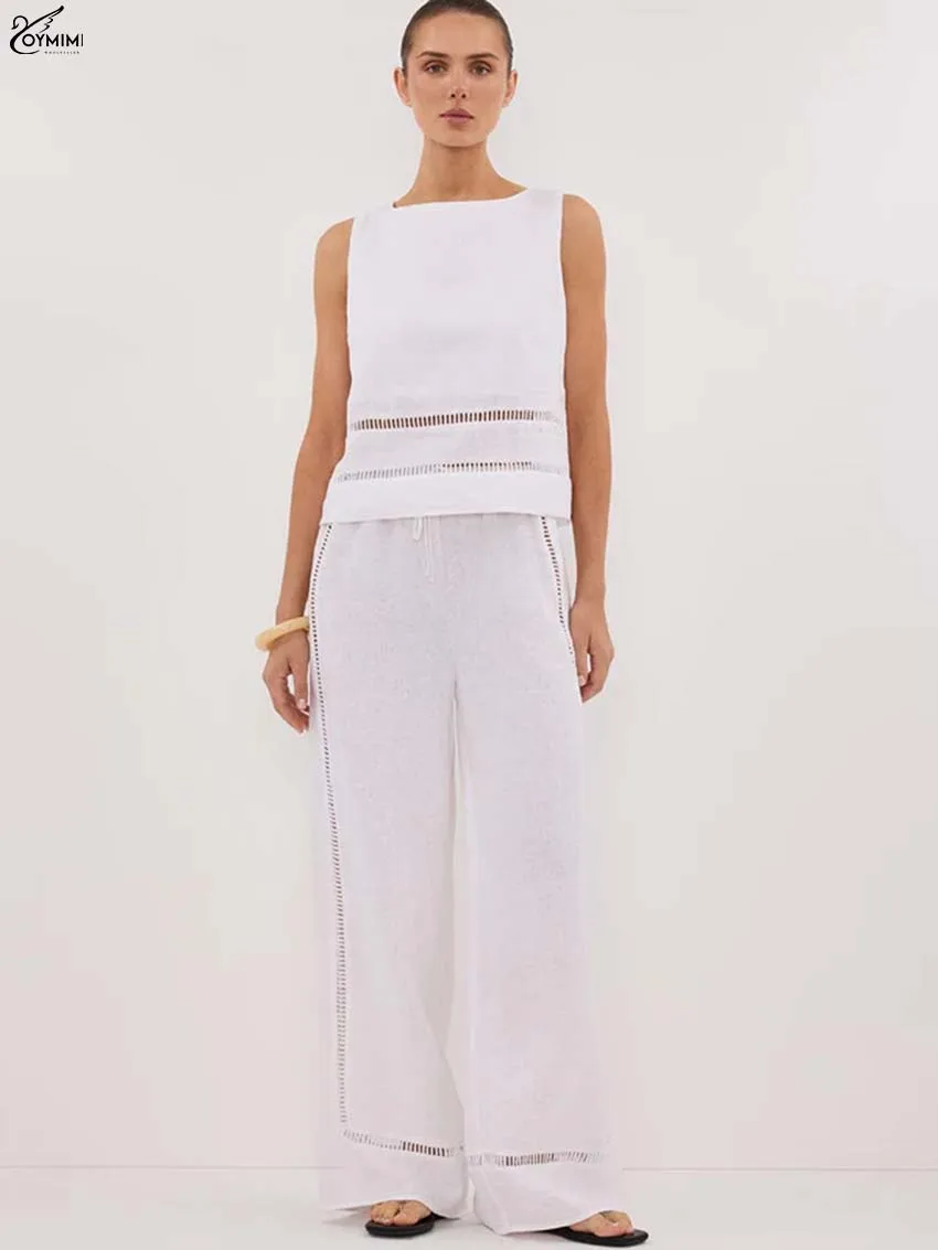 Oymimi Fashion White Cotton 2 Piece Sets Woman Outfit Elegant O-Neck Hollow Out Sleeveless Blouses And Drawstring Trousers Sets
Oymimi Fashion White Cotton 2 Piece Sets Woman Outfit Elegant O-Neck Hollow Out Sleeveless Blouses And Drawstring Trousers Sets