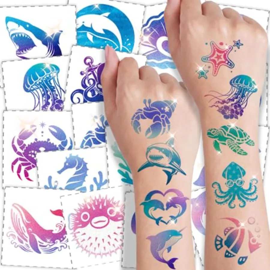 108 Pcs Glitter Ocean Animal Temporary Tattoos Pre-Cut Waterproof Under the Sea Creatures for - Shark, Shell and Dolphin, Summe
108 Pcs Glitter Ocean Animal Temporary Tattoos Pre-Cut Waterproof Under the Sea Creatures for - Shark, Shell and Dolphin, Summe