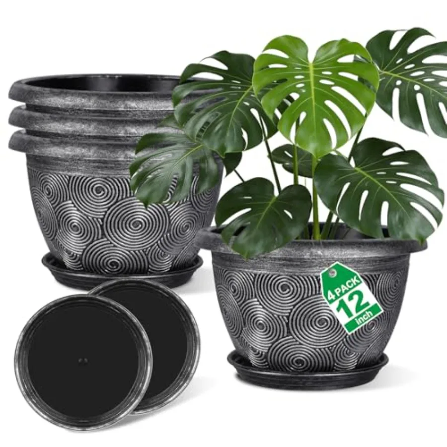 Plastic-Pots -For-Plant With Saucer, 4 Pack Outdoor Planters With Draage Holes, Decorative Flower Pots For door Plants, Modern
Plastic-Pots -For-Plant With Saucer, 4 Pack Outdoor Planters With Draage Holes, Decorative Flower Pots For door Plants, Modern