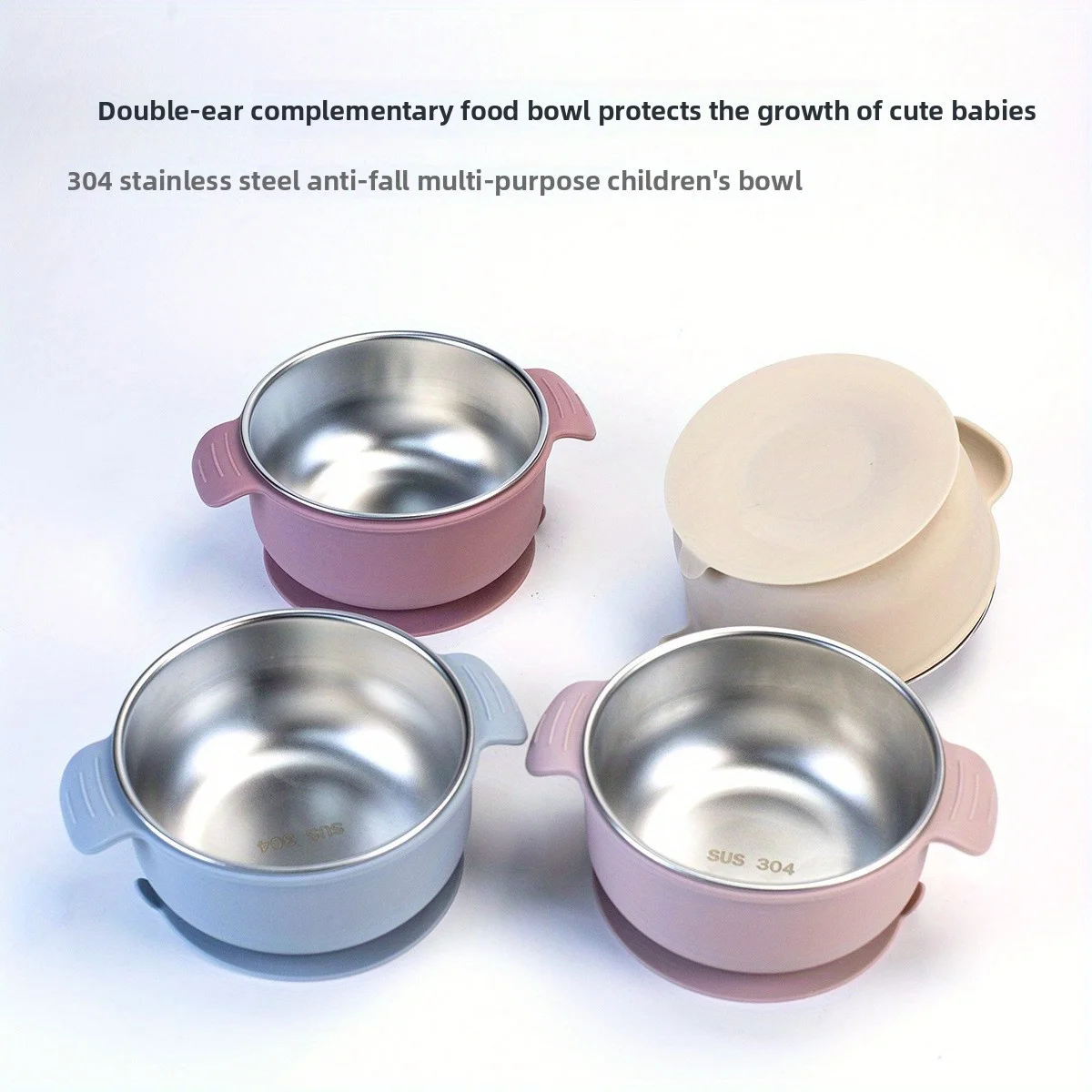 A new stainless steel silicone double-ear bowl for children, with compartments for baby's eating, 304 stainless steel tableware,
A new stainless steel silicone double-ear bowl for children, with compartments for baby's eating, 304 stainless steel tableware,