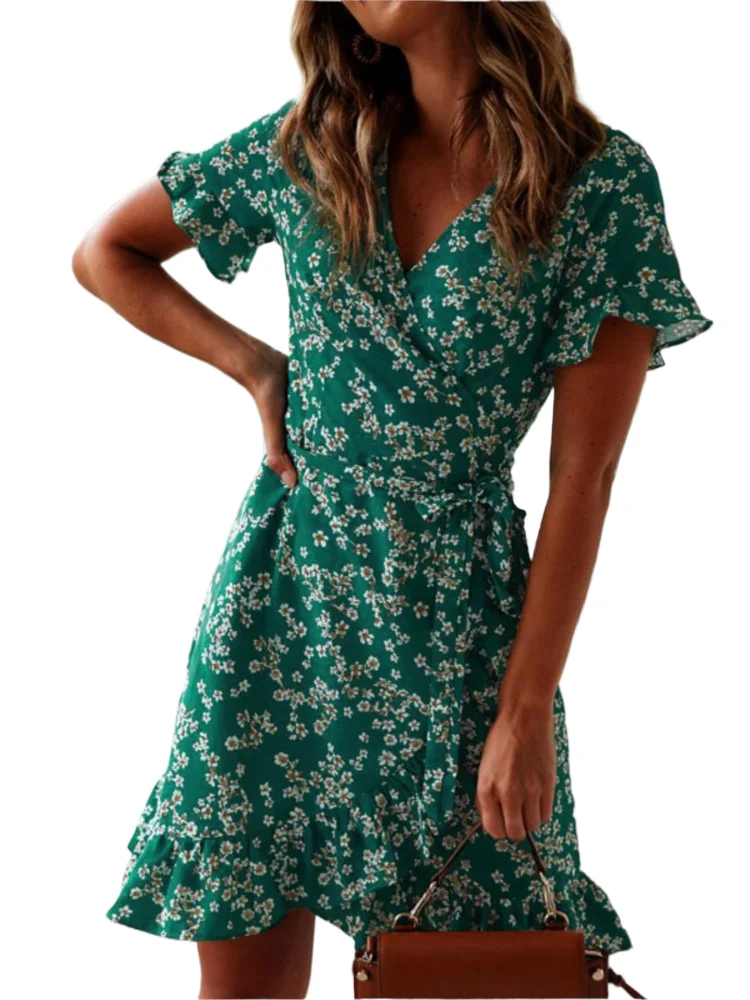 Print V-Neck Dress Women's Casual Boho Holiday Beach Dresses Lady Fashion Short Sleeve Pullover Mini Dresses For Women Summer 
Print V-Neck Dress Women's Casual Boho Holiday Beach Dresses Lady Fashion Short Sleeve Pullover Mini Dresses For Women Summer