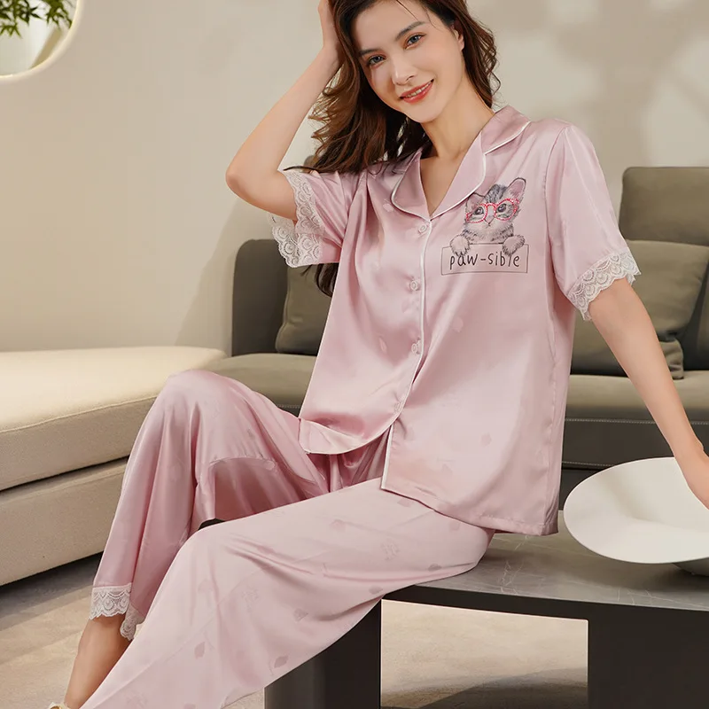 Short Sleeve Sleep Set Print Cat Cute Women 2PCS Pajamas Suit Home Clothing Loungewear Lace Patchwork Pyjamas Nightwear
Short Sleeve Sleep Set Print Cat Cute Women 2PCS Pajamas Suit Home Clothing Loungewear Lace Patchwork Pyjamas Nightwear