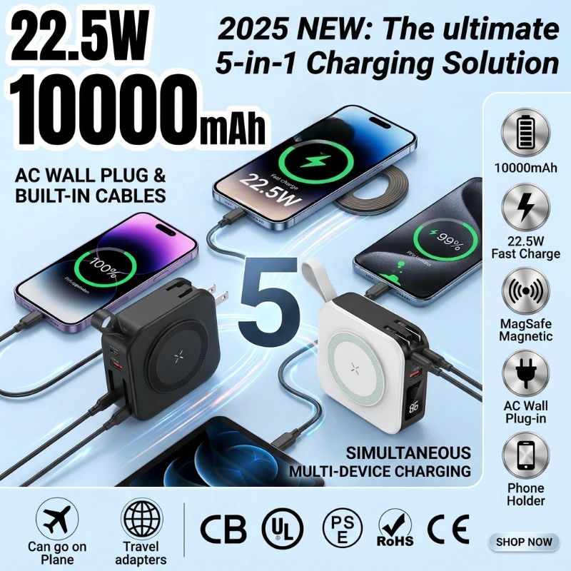 10000mAh 5 In 1 Magnetic Wireless Power Bank 22.5W Fast Charger Built-in AC Plug Portable Phone Emergency Power Supply
10000mAh 5 In 1 Magnetic Wireless Power Bank 22.5W Fast Charger Built-in AC Plug Portable Phone Emergency Power Supply