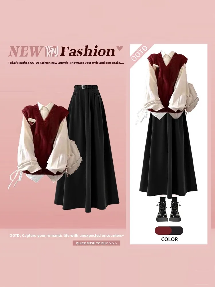 Korean College Sle Knitted Vest irt High Waist Skirt Tee Piece Set Women Winter Age Reduction Faionable Ensemble
Korean College Sle Knitted Vest irt High Waist Skirt Tee Piece Set Women Winter Age Reduction Faionable Ensemble