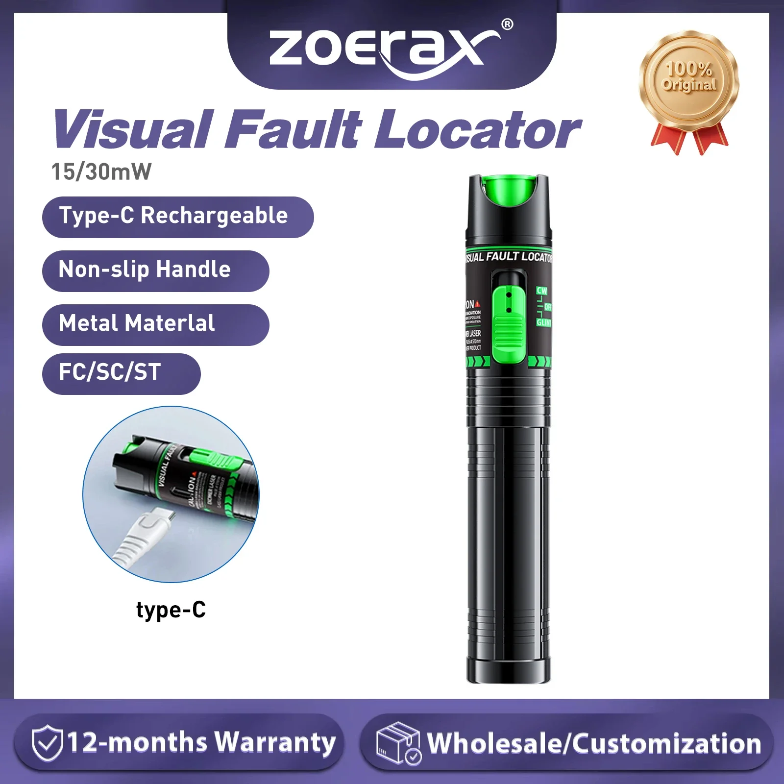 ZoeRax 15/30mW Visual Fault Locator Rechargeable Type-C Fiber Optic Test Pen Green Light FC LC Adapter Cable Fault Detector
ZoeRax 15/30mW Visual Fault Locator Rechargeable Type-C Fiber Optic Test Pen Green Light FC LC Adapter Cable Fault Detector