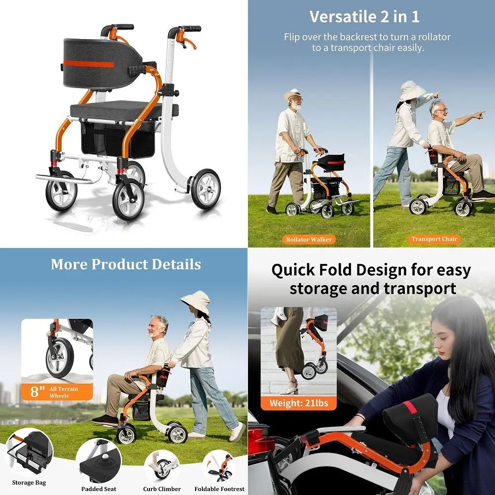 4in1 AllTerrain Upright Rolling Walker Wheelchair Combination, No Installation, OneStep Folding Walker with Seat, Rollator Walk
4in1 AllTerrain Upright Rolling Walker Wheelchair Combination, No Installation, OneStep Folding Walker with Seat, Rollator Walk