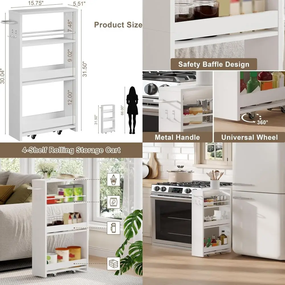 4-Tier Slim Rolling Utility Cart with Handle, Mobile Kitchen Storage Organizer for Laundry & Bathroom, White
4-Tier Slim Rolling Utility Cart with Handle, Mobile Kitchen Storage Organizer for Laundry & Bathroom, White