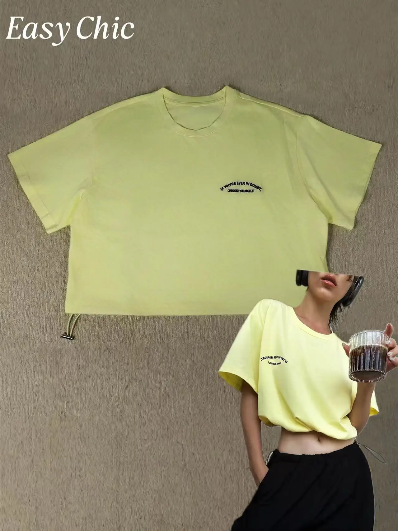 Y2K Pastel Lemon Yellow Cropped T-Shirt for Women - Loose Fit Crew Neck Short Sleeve Top with Drawstring Hem Casual Streetwear
Y2K Pastel Lemon Yellow Cropped T-Shirt for Women - Loose Fit Crew Neck Short Sleeve Top with Drawstring Hem Casual Streetwear