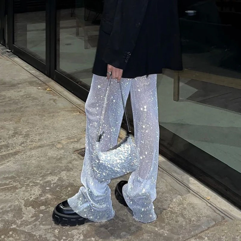 Women's High Quality Sexy Fishnet Pants With Diamonds And Glitter Pantalones De Brillantes White Pants
Women's High Quality Sexy Fishnet Pants With Diamonds And Glitter Pantalones De Brillantes White Pants