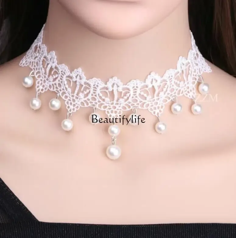 Korean retro super fairy white lace pearl sweet and gentle short neck accessories
Korean retro super fairy white lace pearl sweet and gentle short neck accessories