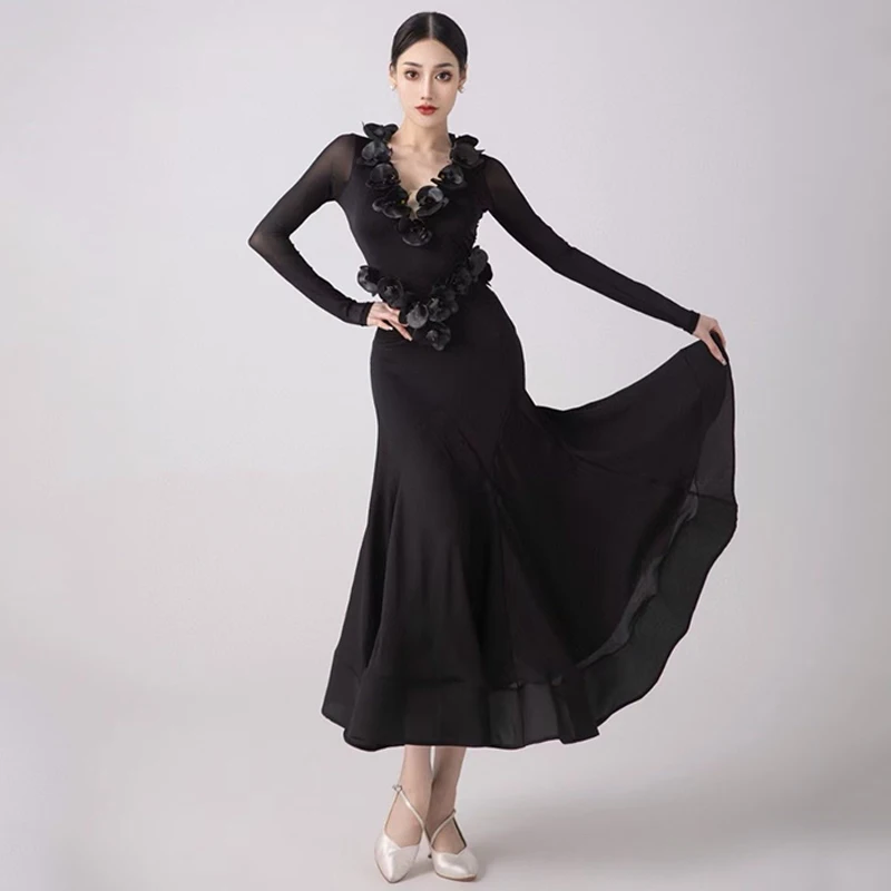 Black Flower Ballroom Dance Competition Dress Women V Neck Long Sleeves Waltz Dance Costume Performance Clothes Prom Wear L12320
Black Flower Ballroom Dance Competition Dress Women V Neck Long Sleeves Waltz Dance Costume Performance Clothes Prom Wear L12320