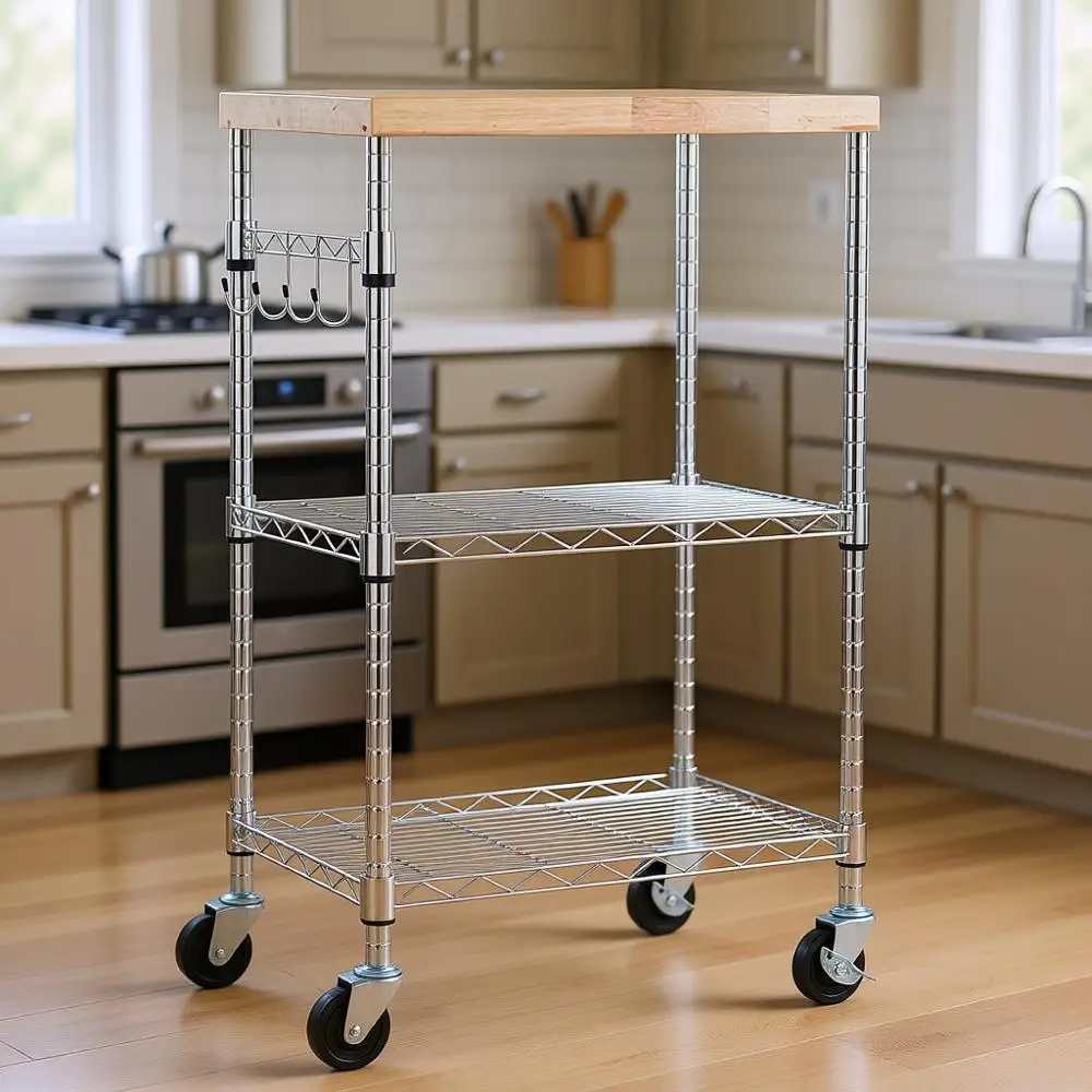 3-Tier Rolling Kitchen Storage Rack with Adjustable Shelves, 175 lbs Capacity, Wood/Chrome Finish
3-Tier Rolling Kitchen Storage Rack with Adjustable Shelves, 175 lbs Capacity, Wood/Chrome Finish