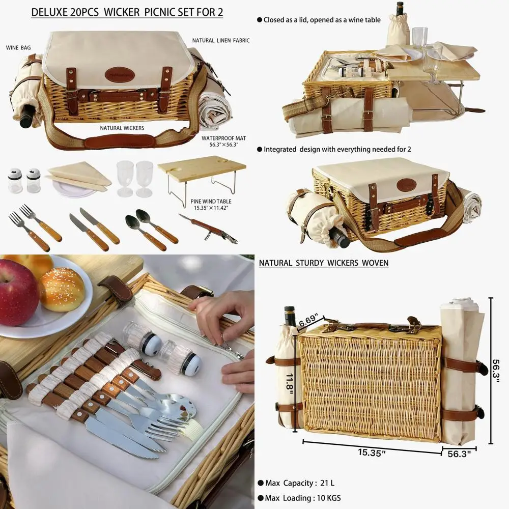 Compact Wicker Picnic Hamper for 2 with Table, Blankets, Insulated Wine Holder & Utensils for Outdoor Adventures and Beach Weddi
Compact Wicker Picnic Hamper for 2 with Table, Blankets, Insulated Wine Holder & Utensils for Outdoor Adventures and Beach Weddi